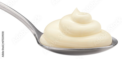 Spoon of mayonnaise isolated on white background