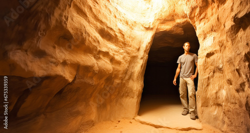 Hombre explorador espeleólogo explorando una cueva
