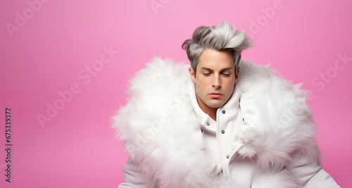 Hombre vestido de forma femenina extravagante travesti queer con fondo rosa photo