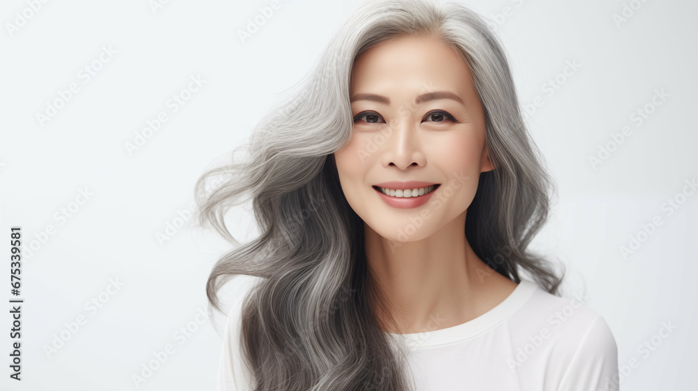 Portrait of smiling mature beautiful Asian woman over gray background ...