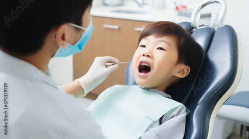 Dentist examining Asian boy's teeth in a dental clinic. Generative AI.
