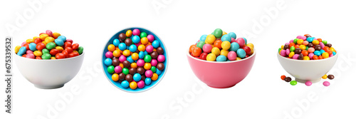 Set of Colorful chocolate candy pills in bowl top view isolated on transparent or white background