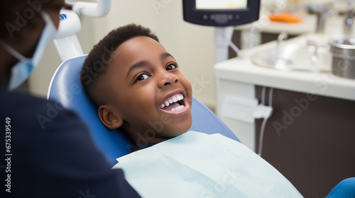African boy smiling at a dental clinic. Generative AI.