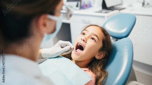 Dentist examining girl's teeth in a dental clinic. Generative AI.