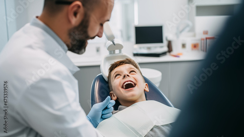 Caucasian boy with his mouth open at a dental clinic. Generative AI.
