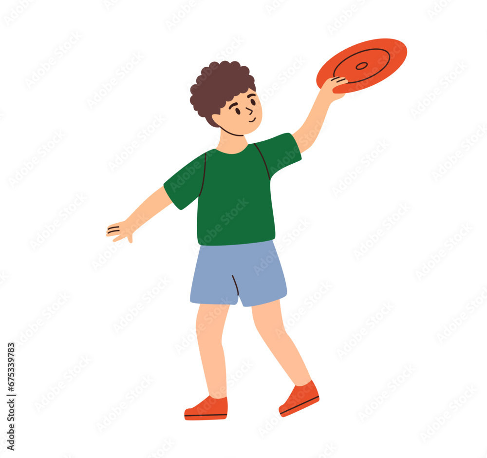 Boy launches flying saucer. Outside kids activities and games, summer outdoor pastime. Boy launches flying saucer. Outside kids activities and games, summer outdoor pastime.