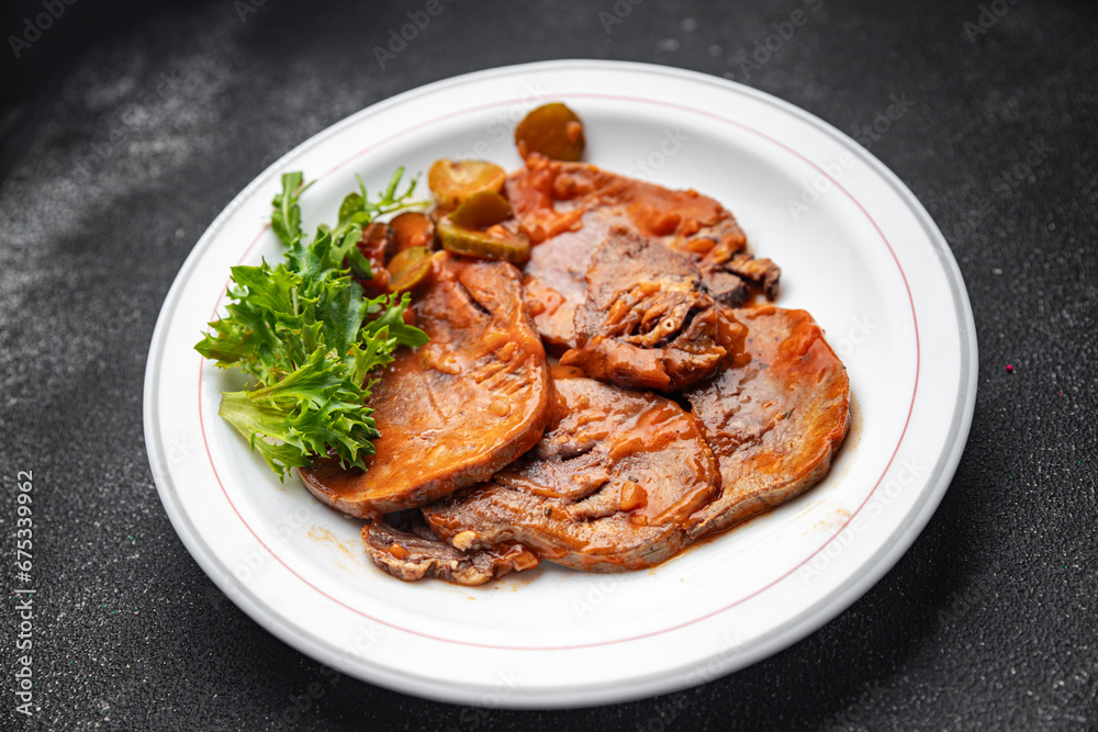 beef tongue hot sauce fresh delicious eating meal cooking appetizer food snack on the table copy space food background beef tongue hot sauce fresh delicious eating meal cooking appetizer food snack on the table copy space food background