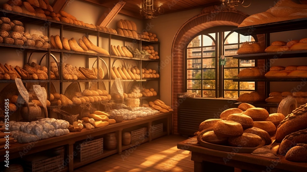 a traditional bakery, with shelves filled from floor to ceiling with a wide variety of freshly baked bread loaves