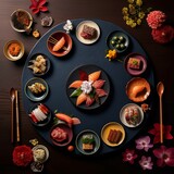 the exquisite presentation of a plate of omakase sushi, showcasing a chef-curated selection of the freshest and most delicious sushi creations