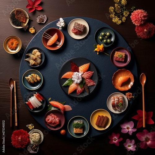 the exquisite presentation of a plate of omakase sushi, showcasing a chef-curated selection of the freshest and most delicious sushi creations