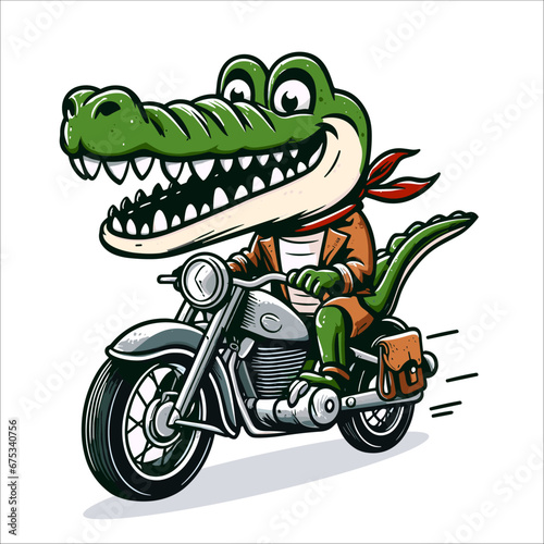 Crocodile riding motorbike cartoon illustration