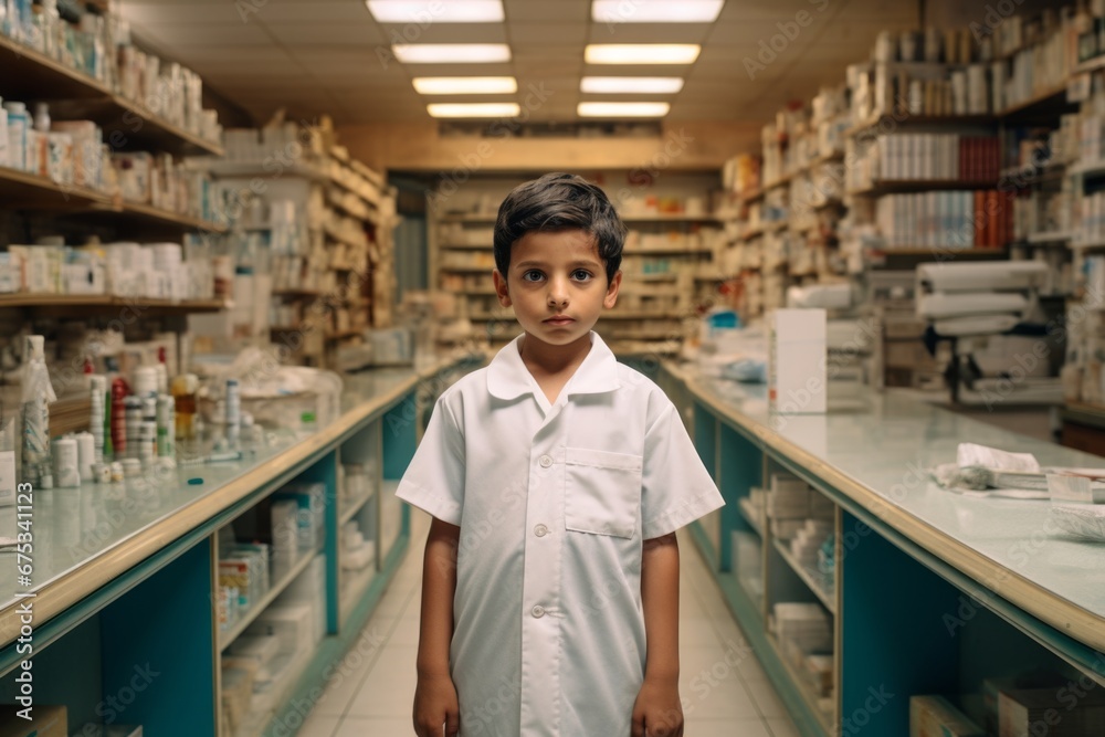 Fototapeta premium A indian boy pharmacist on the background of shelves with medicines