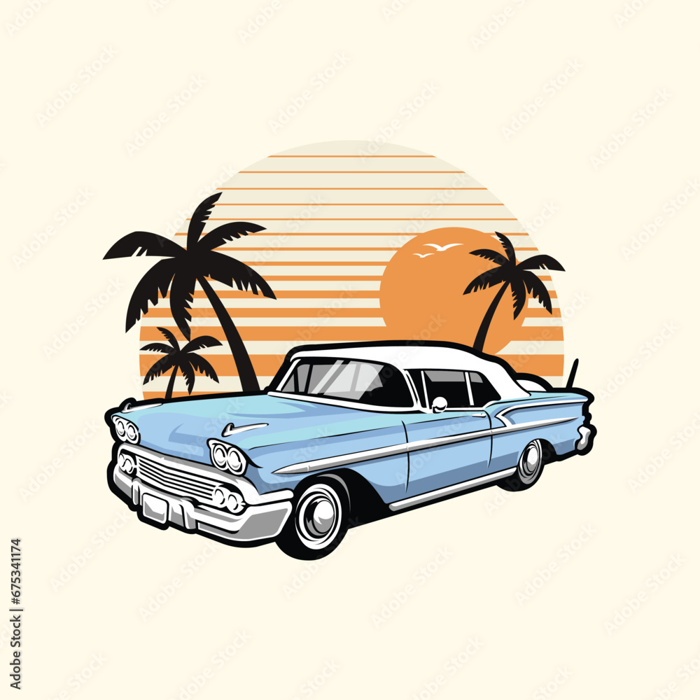 Classic Car in Beach Sunset Vibes Vector Art Illustration. Best for Automotive Tshirt Design