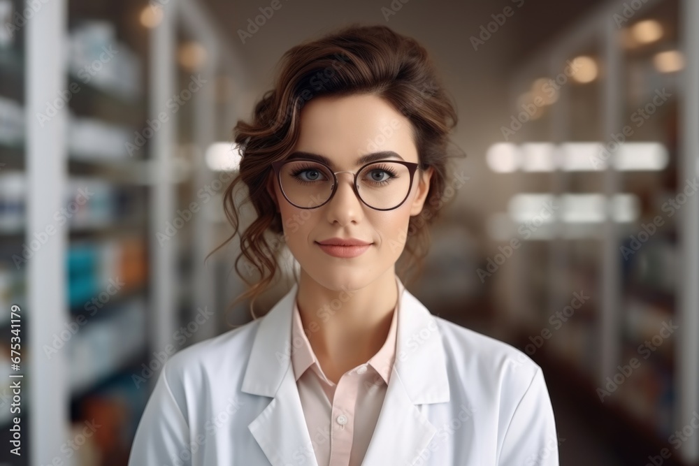 A woman pharmacist on the background of shelves with medicines