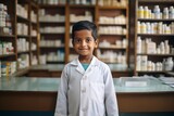 A indian boy pharmacist on the background of shelves with medicines