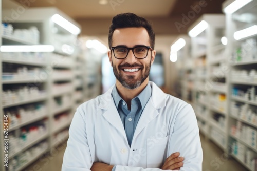 A man pharmacist on the background of shelves with medicines photo