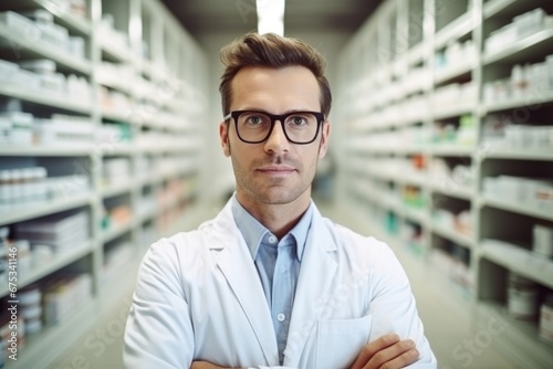 A man pharmacist on the background of shelves with medicines