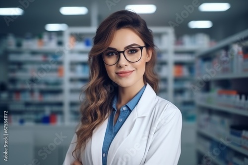 A woman pharmacist on the background of shelves with medicines