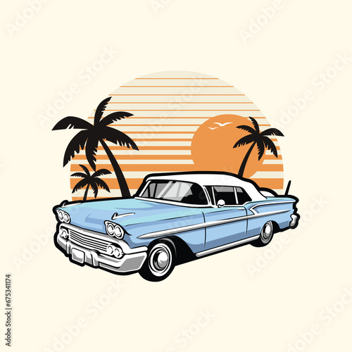 Classic Car in Beach Sunset Vibes Vector Art Illustration. Best for Automotive Tshirt Design © bonky