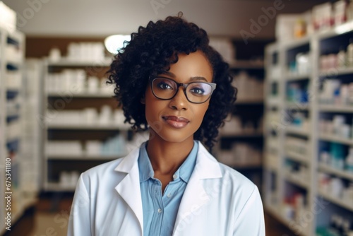 A african american woman pharmacist on the background of shelves with medicines © vasyan_23