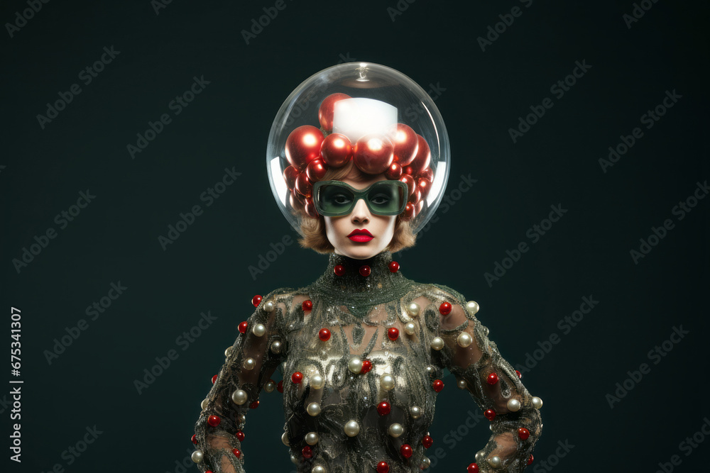 Creative portrait of a woman in funky xmas costume with decorative baubles on dark green background. Christmas party and celebration concept Creative portrait of a woman in funky xmas costume with decorative baubles on dark green background. Christmas party and celebration concept