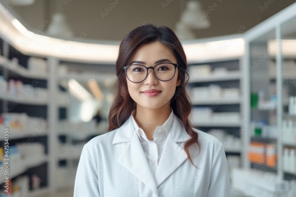 Fototapeta premium A asian woman pharmacist on the background of shelves with medicines