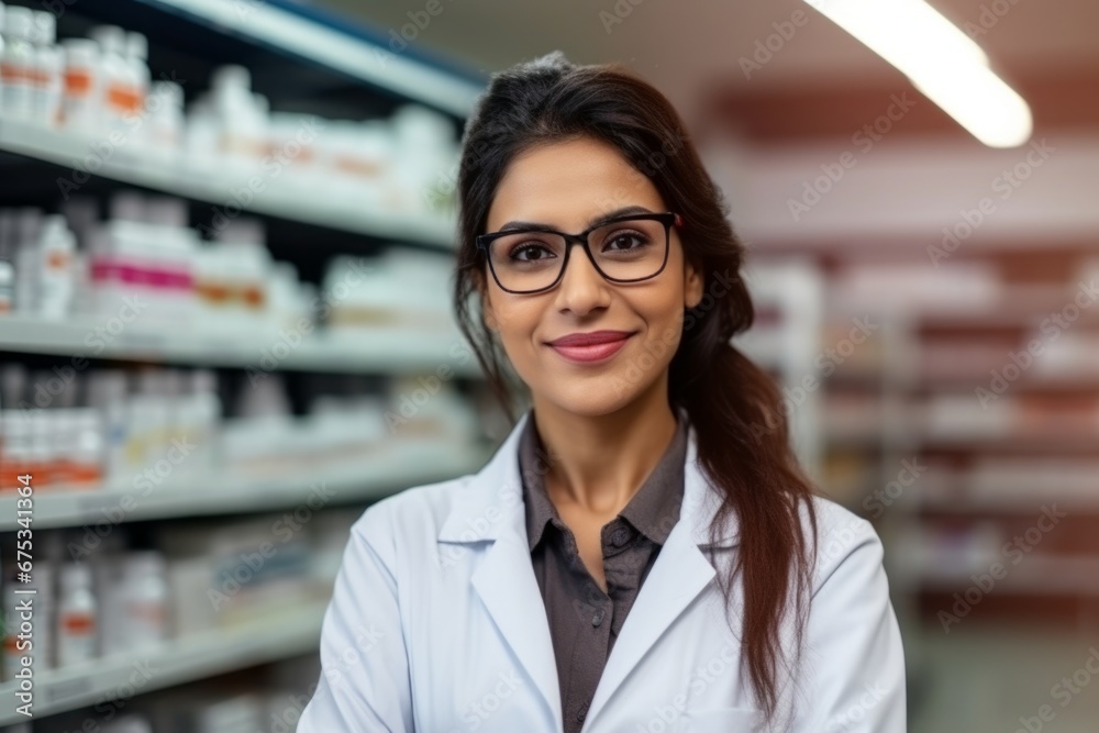 A indian woman pharmacist on the background of shelves with medicines