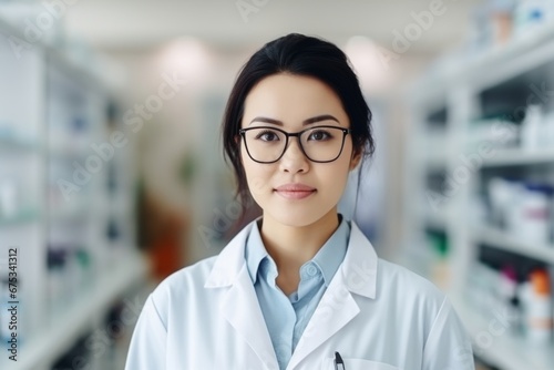 A asian woman pharmacist on the background of shelves with medicines