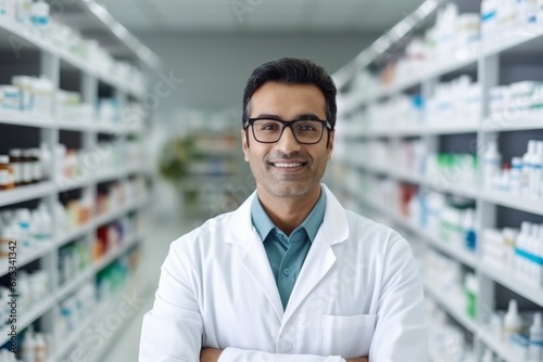 A indian man pharmacist on the background of shelves with medicines photo