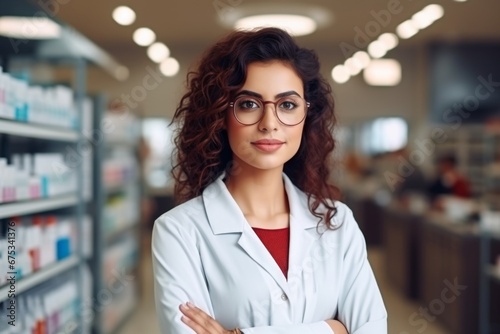 A indian woman pharmacist on the background of shelves with medicines