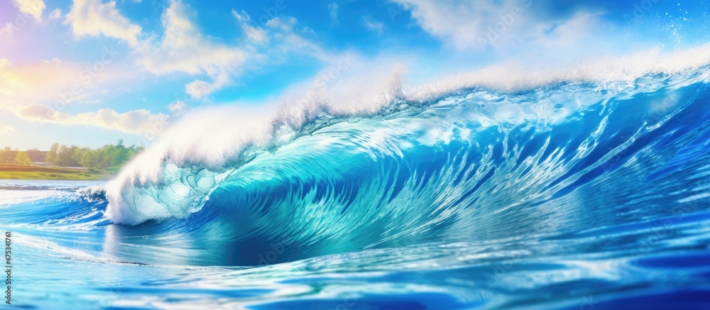 Abstract blue waves crash against the sandy beach creating a breathtaking summer scene that entices people to travel and embrace the beauty of nature while enjoying water sports and fitness 