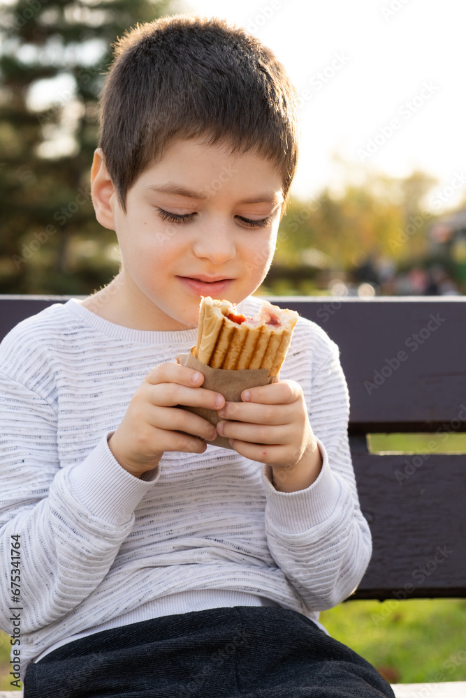 Little boy eating a hotdog while sitting on a bench in the park. Street fast food.