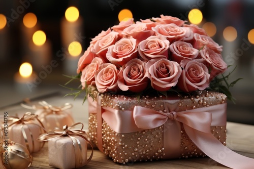 wedding bouquet of roses and gift 