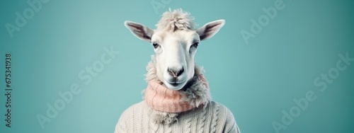 Portrait of a cute sheep in a white wool sweater on a blue pastel background with copy space. © Владимир Солдатов