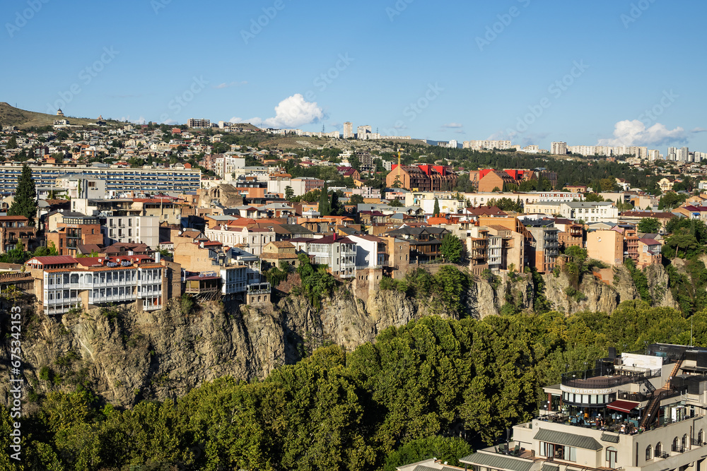 Naklejka premium Picturesque panoramic aerial view of Tbilisi old town. TBILISI, GEORGIA.