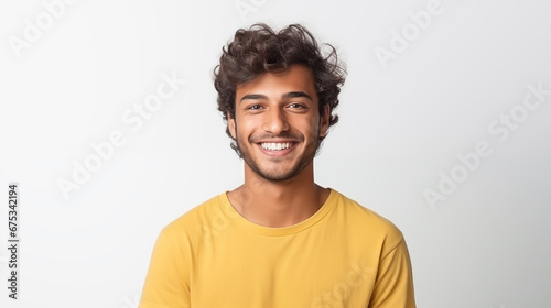 cheerful young Indian man, white background, smiling portrait