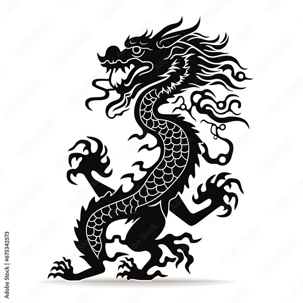 Fototapeta premium Chinese Dragon black silhouette icon isolated on white background. AI Generated.