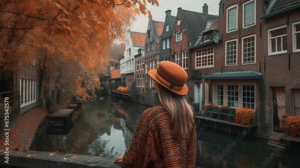 Woman in hat sightseeing in a cozy small town in 
Autumn 