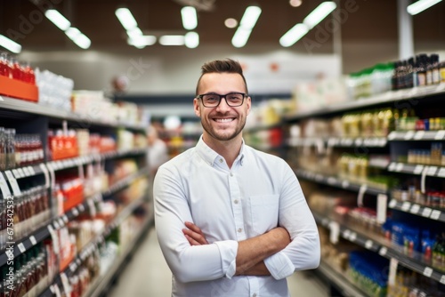 a happy man seller consultant on the background of shelves with products in the store