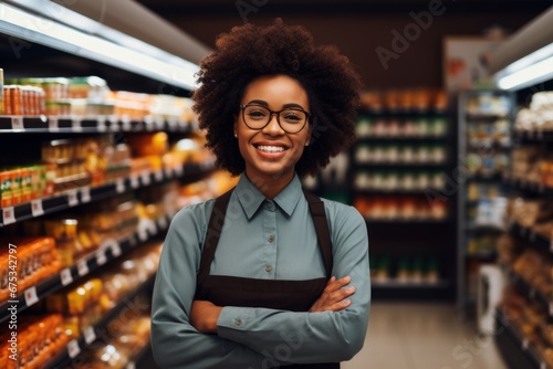a happy african american woman seller consultant on the background of shelves with products in the store