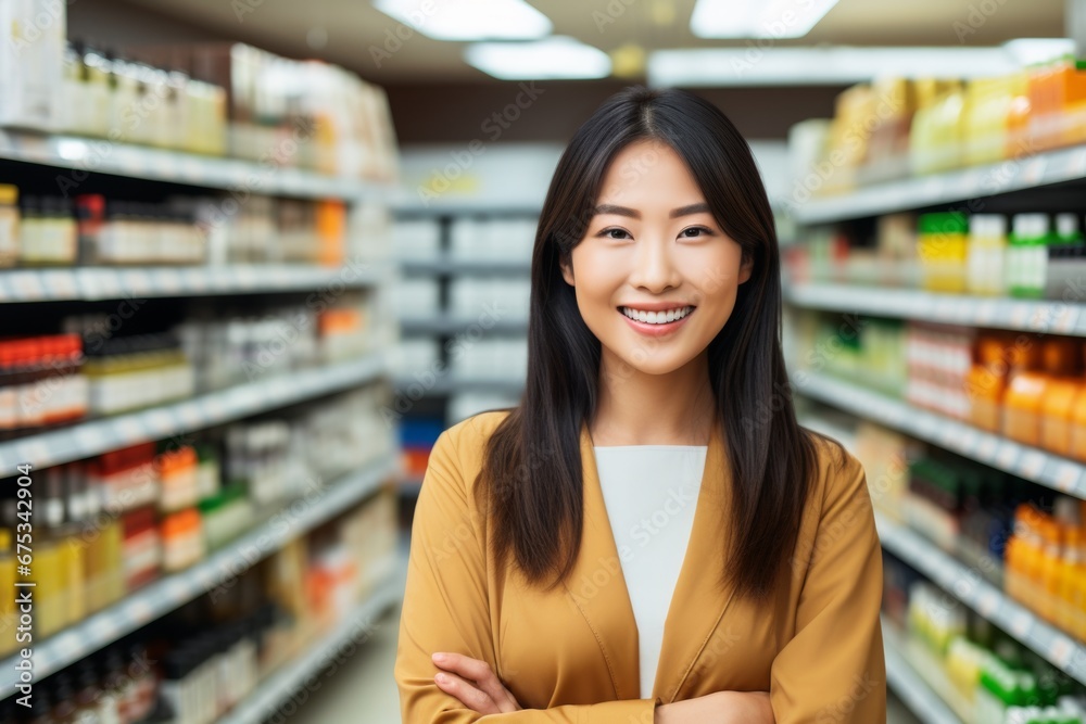 a happy asian woman seller consultant on the background of shelves with products in the store