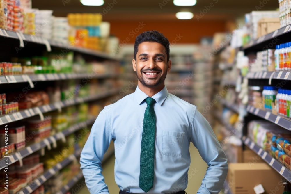 a happy indian man seller consultant on the background of shelves with products in the store