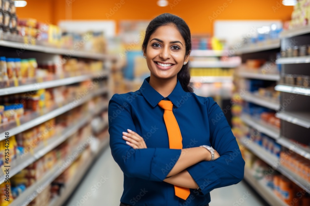 a happy indian woman seller consultant on the background of shelves with products in the store a happy indian woman seller consultant on the background of shelves with products in the store