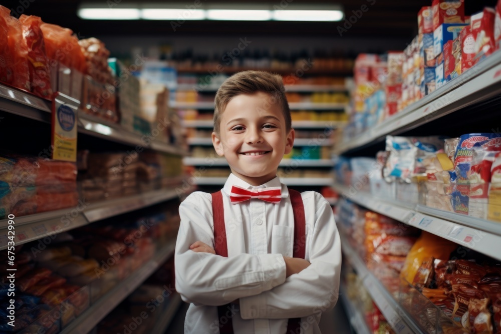 a happy child boy seller consultant on the background of shelves with products in the store