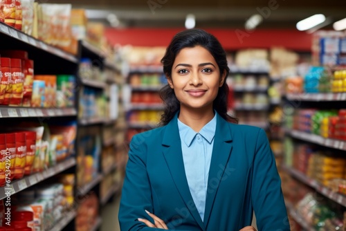 Wallpaper Mural a happy indian woman seller consultant on the background of shelves with products in the store Torontodigital.ca