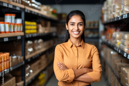 a happy indian woman seller consultant on the background of shelves with products in the store