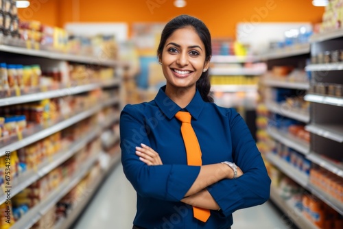 a happy indian woman seller consultant on the background of shelves with products in the store
