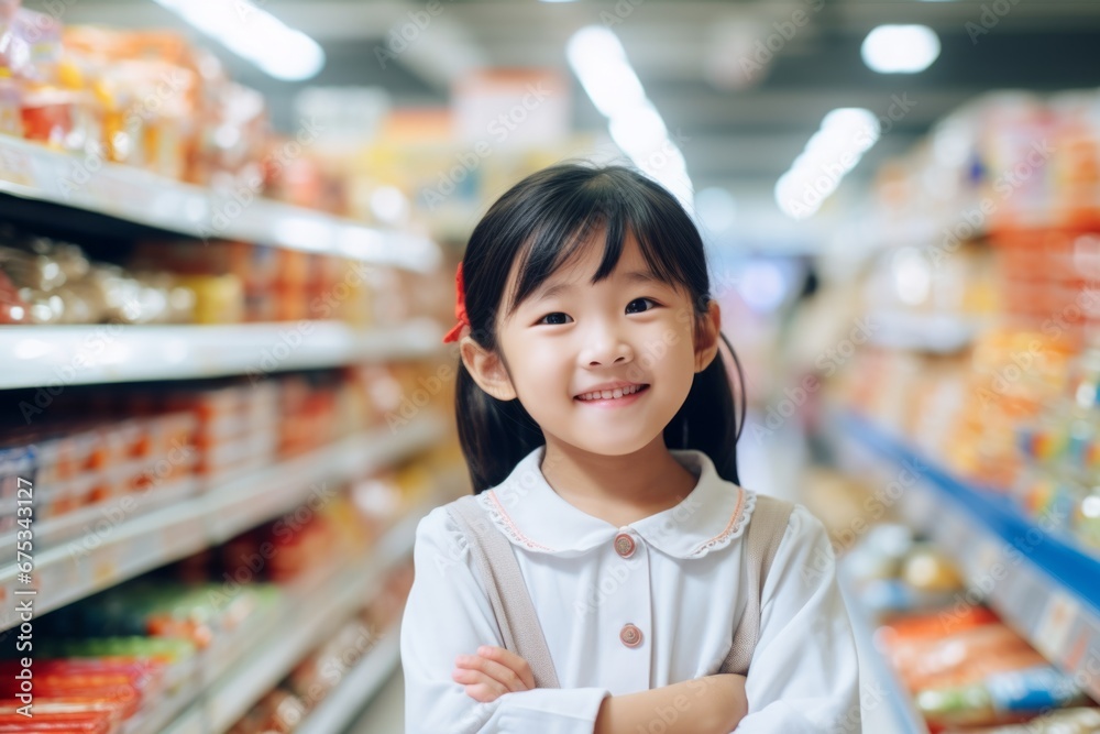 a happy asian child girl seller consultant on the background of shelves with products in the store a happy asian child girl seller consultant on the background of shelves with products in the store