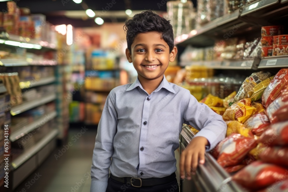 a happy indian child boy seller consultant on the background of shelves with products in the store