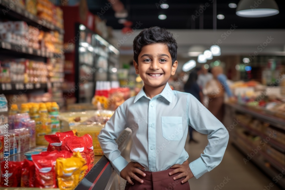 Fototapeta premium a happy indian child boy seller consultant on the background of shelves with products in the store